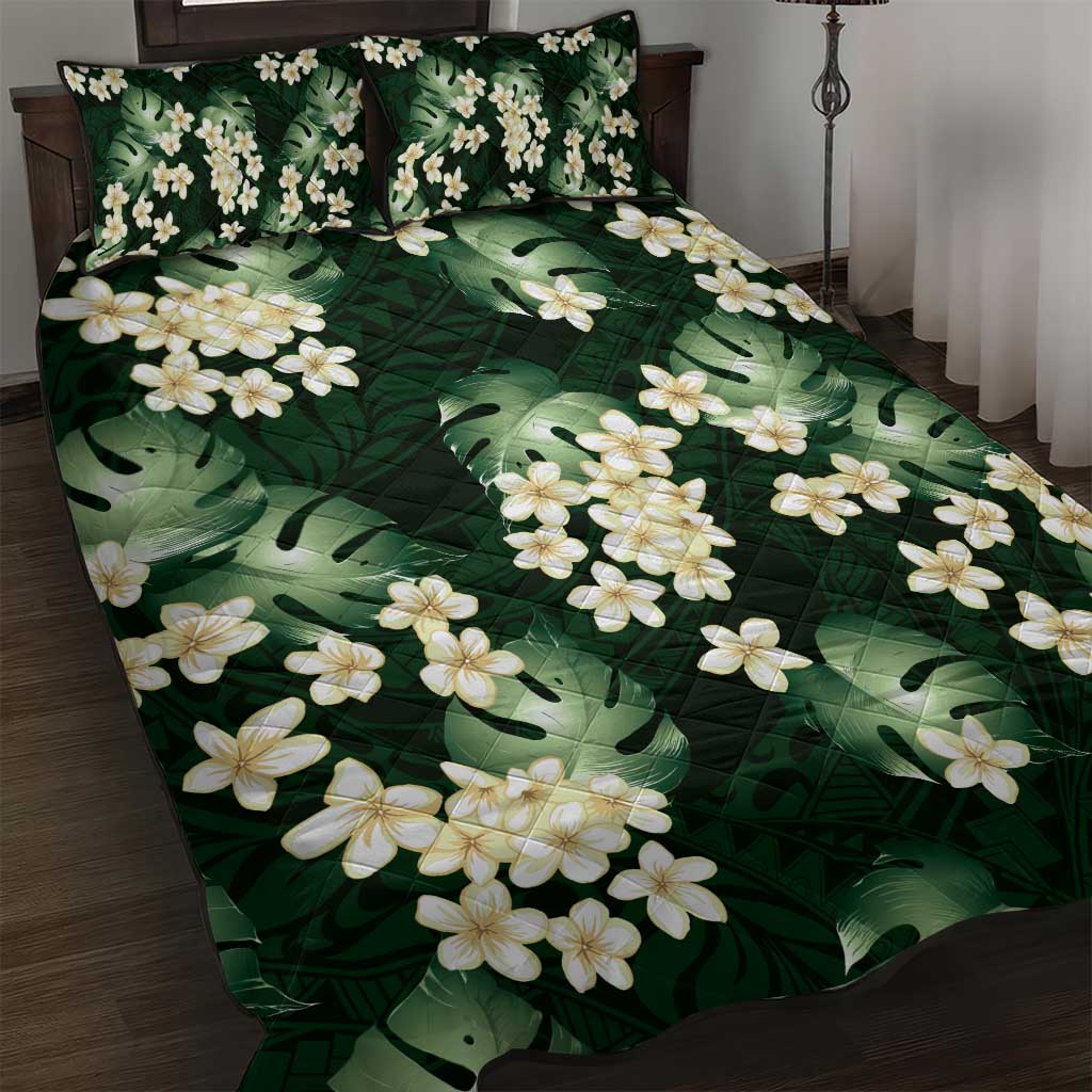 Green Tropical Hawaii Quilt Bed Set Seamless Monstera Plumeria Hawaiian Pattern - Polynesian Pride
