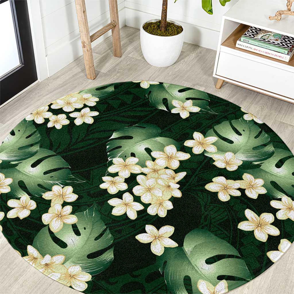 Green Tropical Hawaii Round Carpet Seamless Monstera Plumeria Hawaiian Pattern - Polynesian Pride