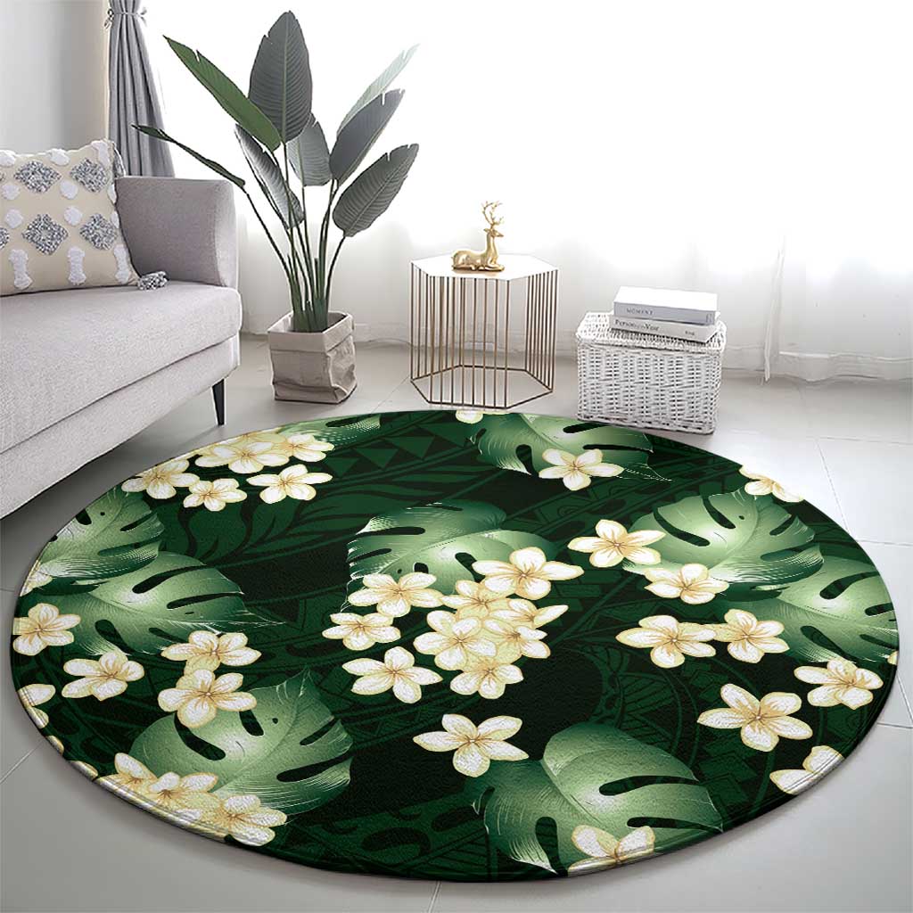 Green Tropical Hawaii Round Carpet Seamless Monstera Plumeria Hawaiian Pattern - Polynesian Pride