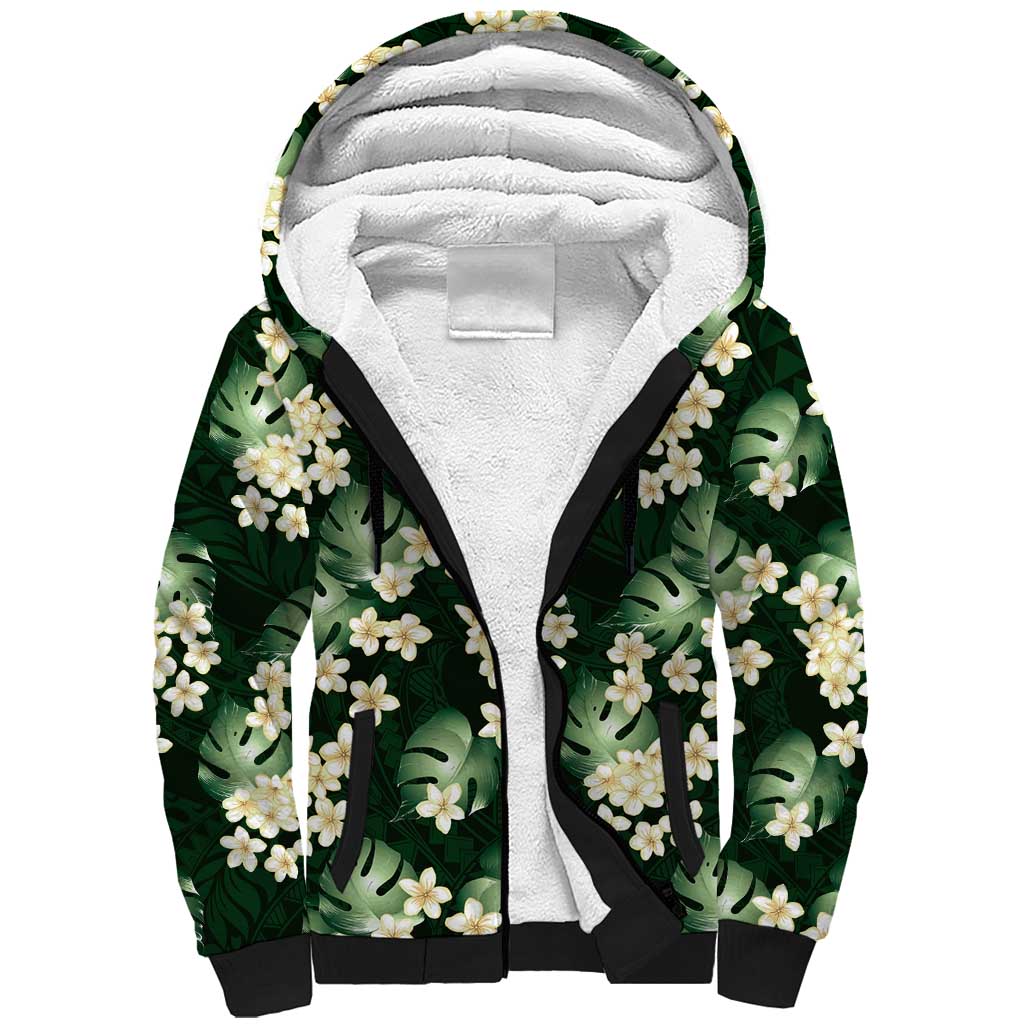 Green Tropical Hawaii Sherpa Hoodie Seamless Monstera Plumeria Hawaiian Pattern - Polynesian Pride