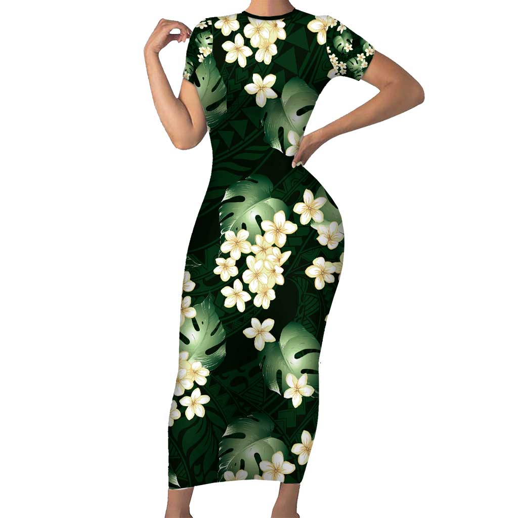 Green Tropical Hawaii Short Sleeve Bodycon Dress Seamless Monstera Plumeria  Hawaiian Pattern - Polynesian Pride
