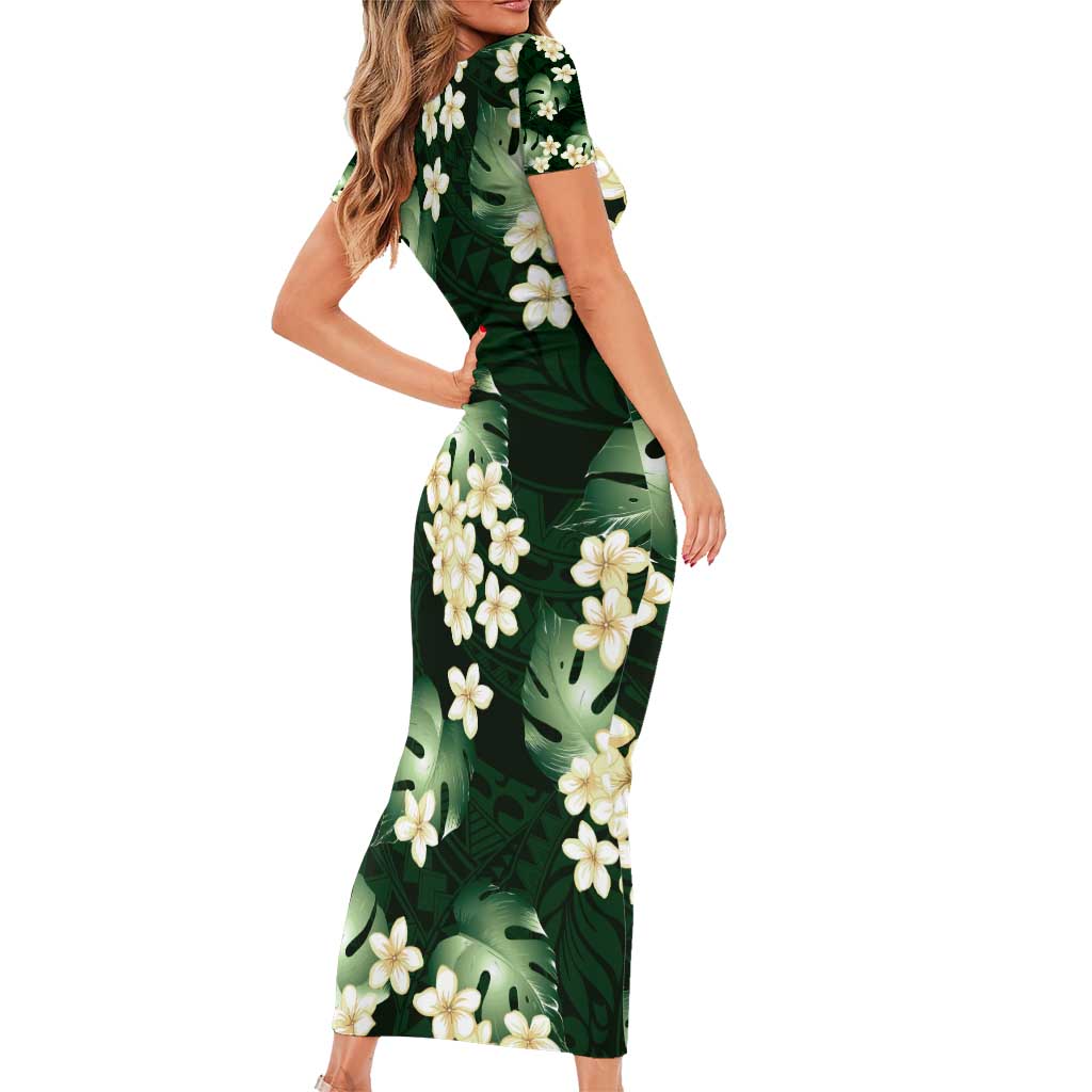 Green Tropical Hawaii Short Sleeve Bodycon Dress Seamless Monstera Plumeria Hawaiian Pattern - Polynesian Pride