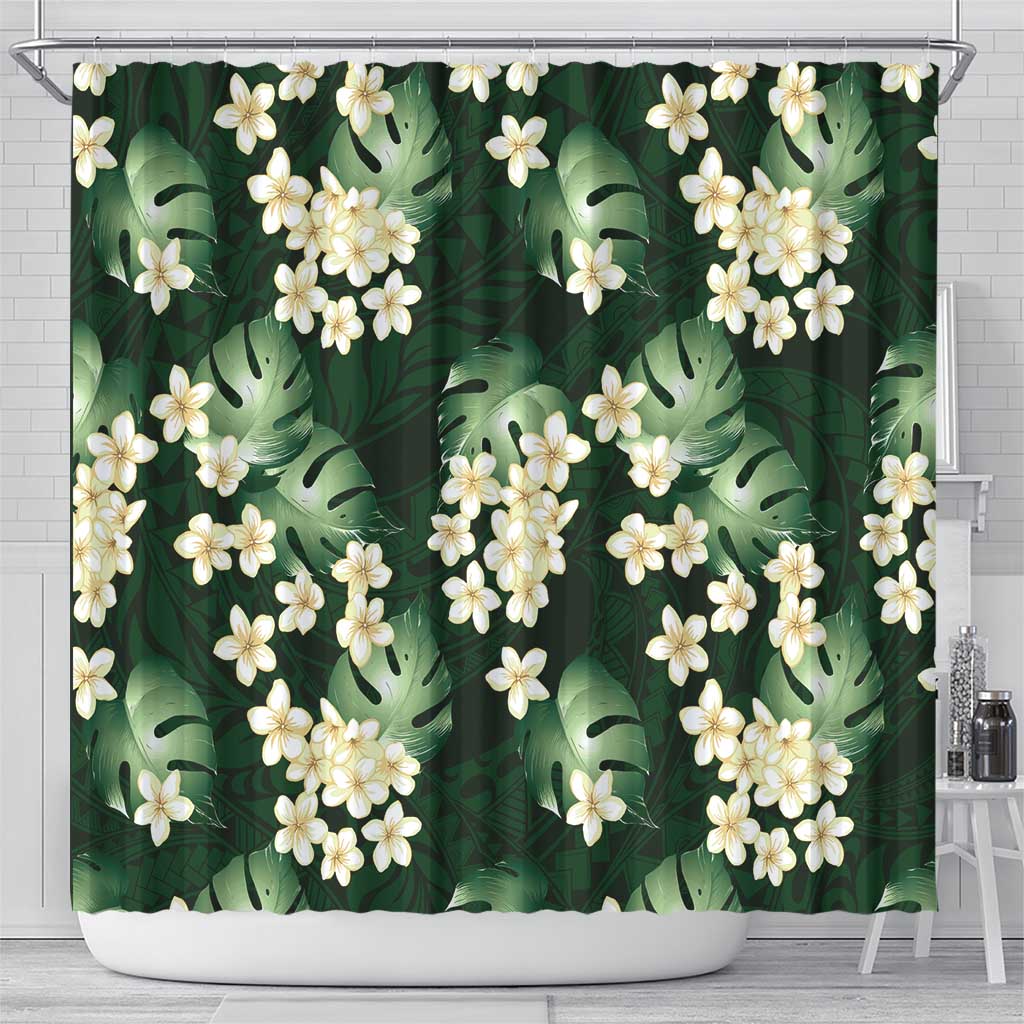 Green Tropical Hawaii Shower Curtain Seamless Monstera Plumeria Hawaiian Pattern - Polynesian Pride