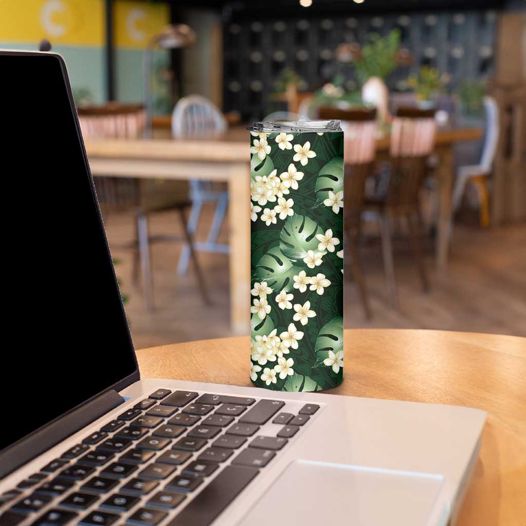 Green Tropical Hawaii Skinny Tumbler Seamless Monstera Plumeria Hawaiian Pattern - Polynesian Pride