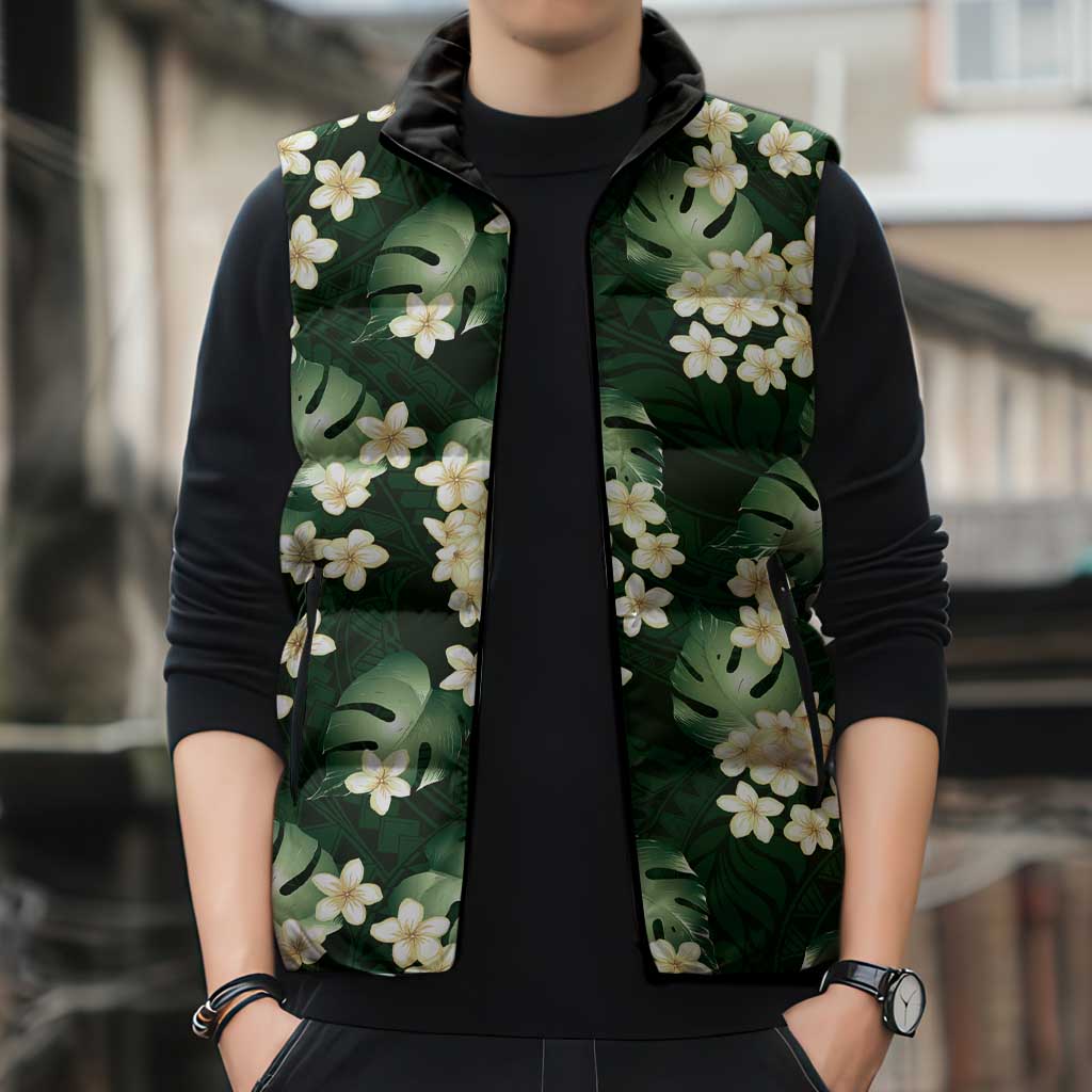 Green Tropical Hawaii Sleeveless Puffer Jacket Seamless Monstera Plumeria Hawaiian Pattern - Polynesian Pride