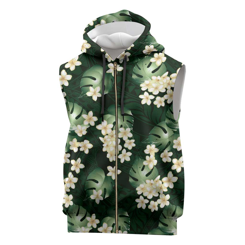 Green Tropical Hawaii Sleeveless Zip Hoodie Seamless Monstera Plumeria Hawaiian Pattern - Polynesian Pride