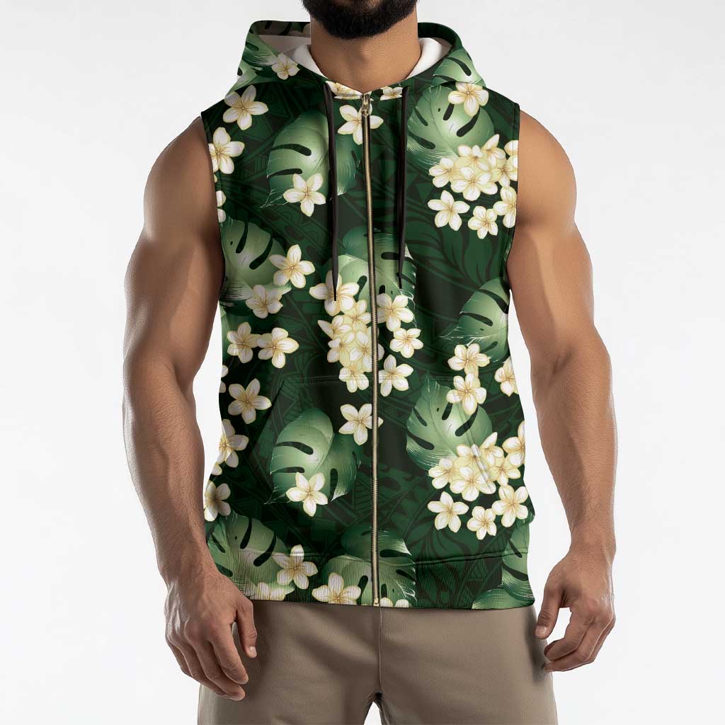 Green Tropical Hawaii Sleeveless Zip Hoodie Seamless Monstera Plumeria Hawaiian Pattern - Polynesian Pride