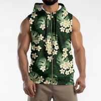 Green Tropical Hawaii Sleeveless Zip Hoodie Seamless Monstera Plumeria Hawaiian Pattern - Polynesian Pride
