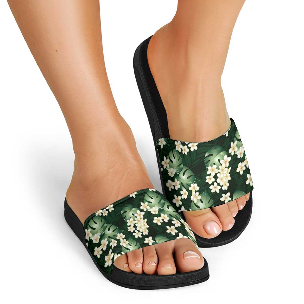 Green Tropical Hawaii Slide Sandals Seamless Monstera Plumeria Hawaiian Pattern - Polynesian Pride