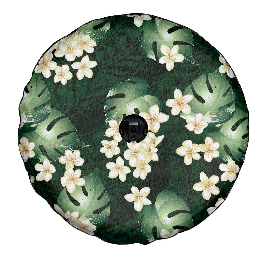 Green Tropical Hawaii Spare Tire Cover Seamless Monstera Plumeria Hawaiian Pattern - Polynesian Pride