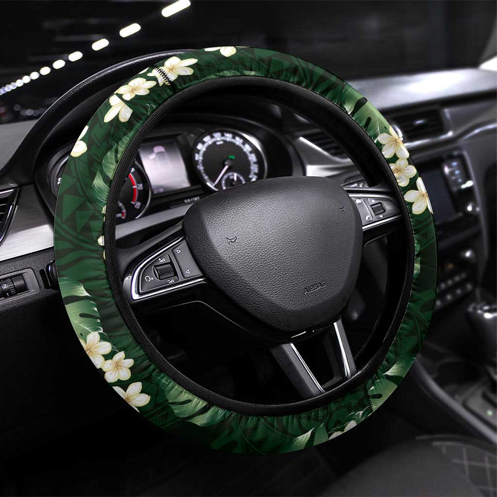 Green Tropical Hawaii Steering Wheel Cover Seamless Monstera Plumeria Hawaiian Pattern - Polynesian Pride