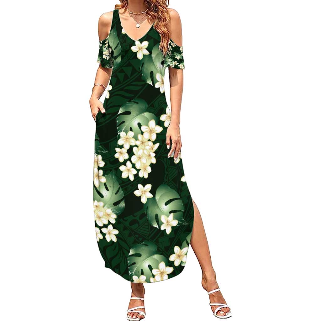 Green Tropical Hawaii Summer Maxi Dress Seamless Monstera Plumeria Hawaiian Pattern - Polynesian Pride