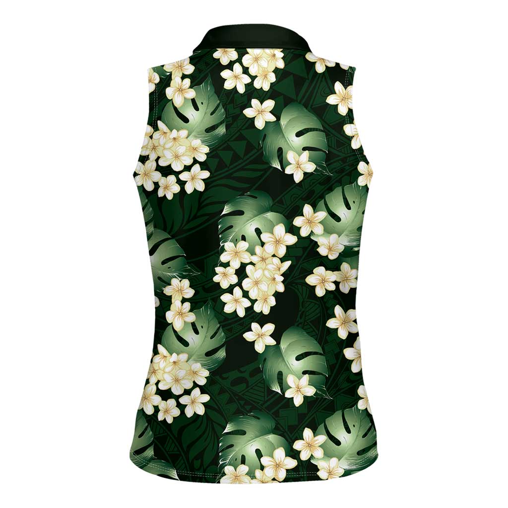Green Tropical Hawaii Women Sleeveless Polo Shirt Seamless Monstera Plumeria Hawaiian Pattern - Polynesian Pride