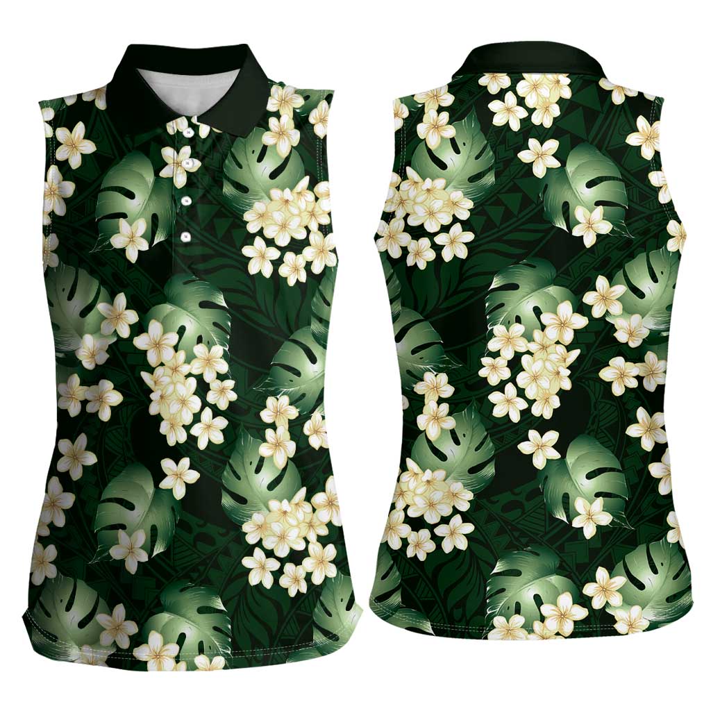 Green Tropical Hawaii Women Sleeveless Polo Shirt Seamless Monstera Plumeria Hawaiian Pattern - Polynesian Pride