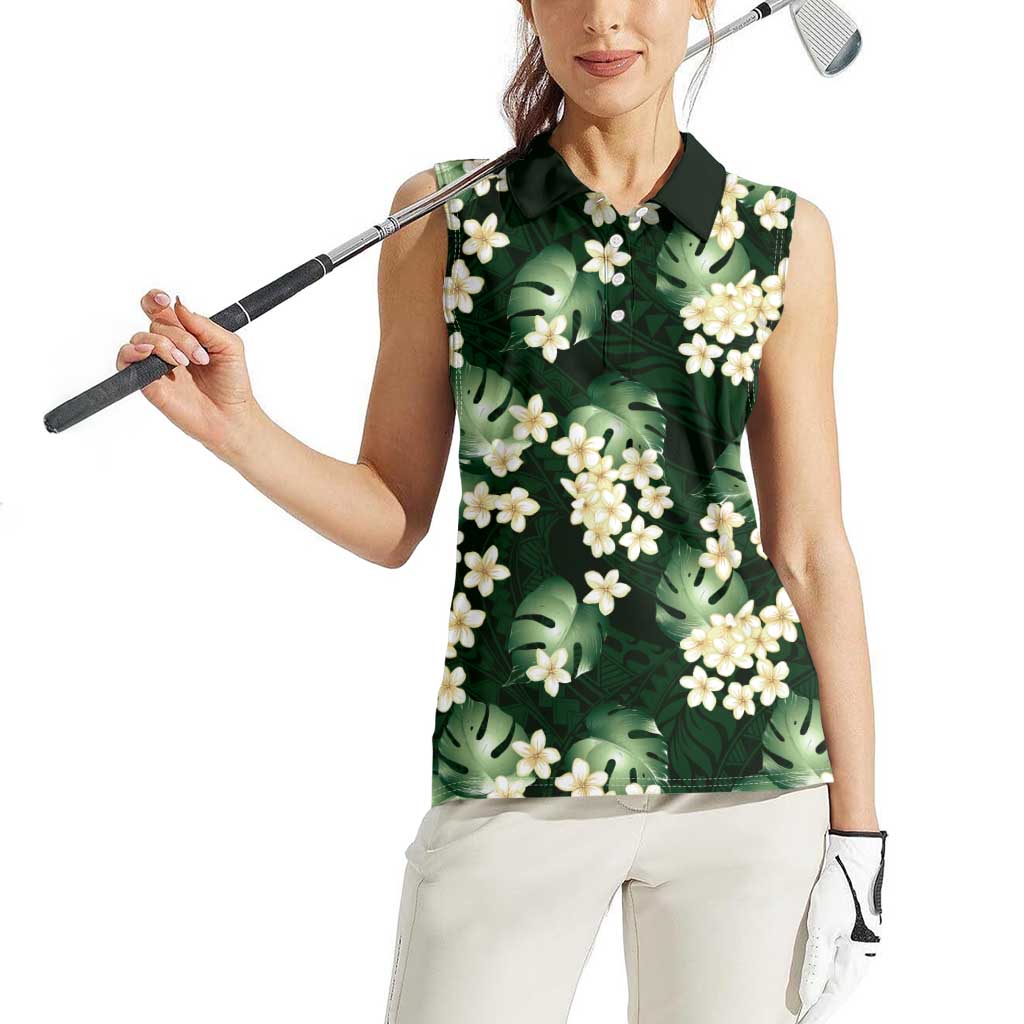 Green Tropical Hawaii Women Sleeveless Polo Shirt Seamless Monstera Plumeria Hawaiian Pattern - Polynesian Pride