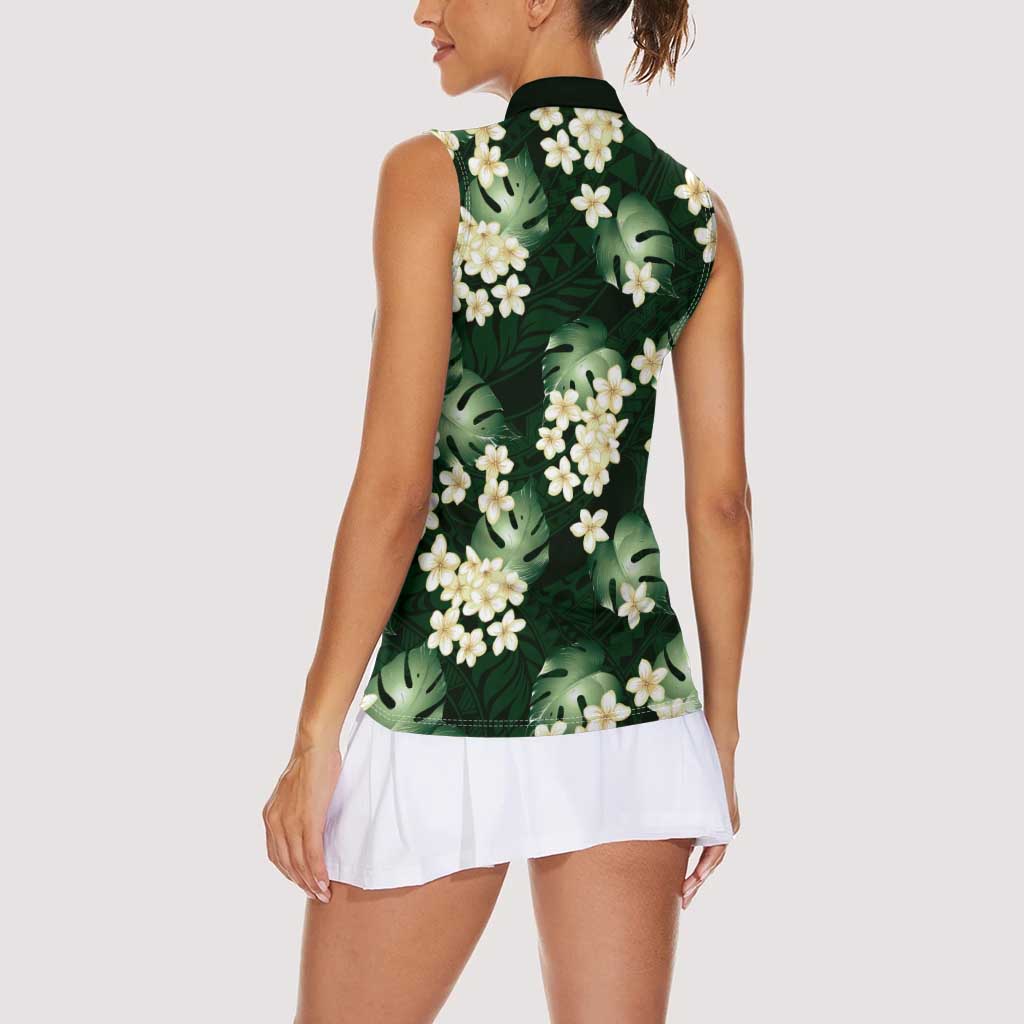 Green Tropical Hawaii Women Sleeveless Polo Shirt Seamless Monstera Plumeria Hawaiian Pattern - Polynesian Pride