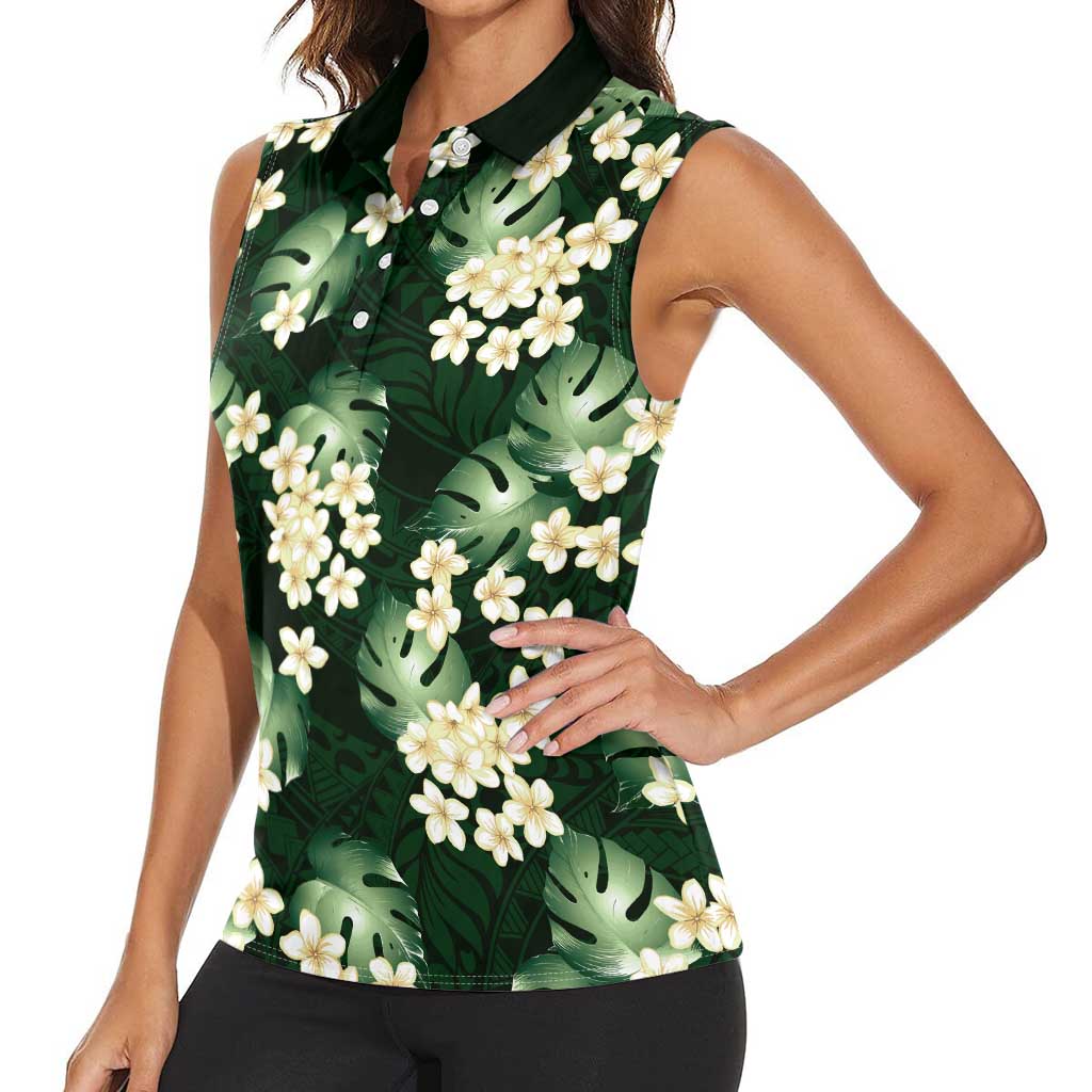 Green Tropical Hawaii Women Sleeveless Polo Shirt Seamless Monstera Plumeria Hawaiian Pattern - Polynesian Pride