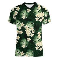 Green Tropical Hawaii Women V-Neck T-Shirt Seamless Monstera Plumeria Hawaiian Pattern - Polynesian Pride