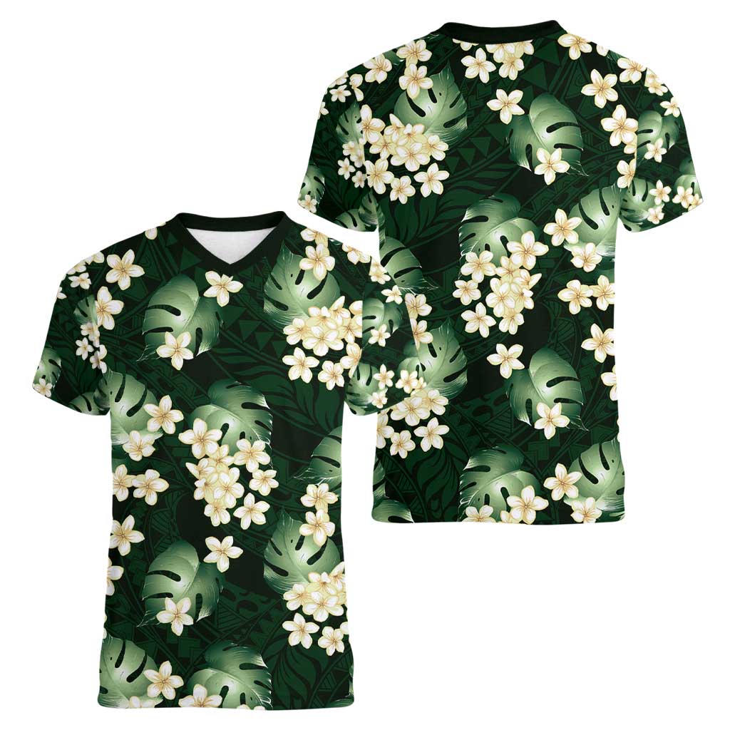 Green Tropical Hawaii Women V-Neck T-Shirt Seamless Monstera Plumeria Hawaiian Pattern - Polynesian Pride