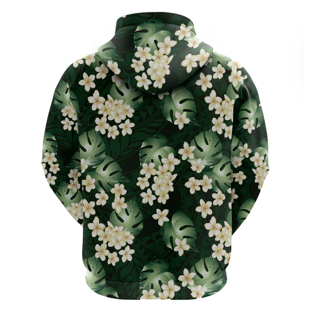 Green Tropical Hawaii Zip Hoodie Seamless Monstera Plumeria Hawaiian Pattern - Polynesian Pride