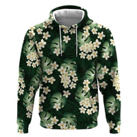 Green Tropical Hawaii Zip Hoodie Seamless Monstera Plumeria Hawaiian Pattern - Polynesian Pride