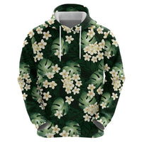 Green Tropical Hawaii Zip Hoodie Seamless Monstera Plumeria Hawaiian Pattern - Polynesian Pride