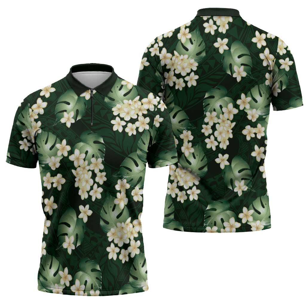 Green Tropical Hawaii Zipper Polo Shirt Seamless Monstera Plumeria Hawaiian Pattern - Polynesian Pride