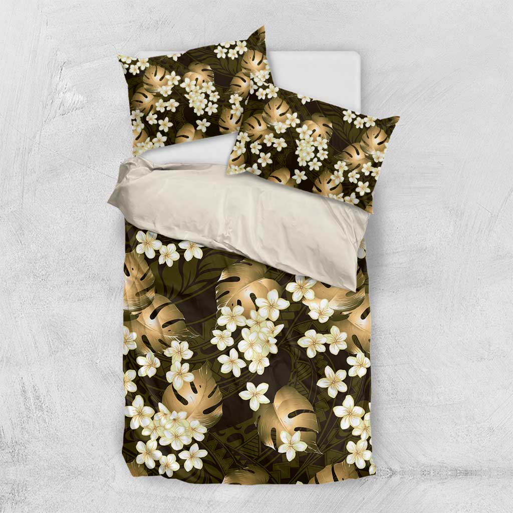 Gold Tropical Hawaii Bedding Set Seamless Monstera Plumeria Hawaiian Pattern - Polynesian Pride