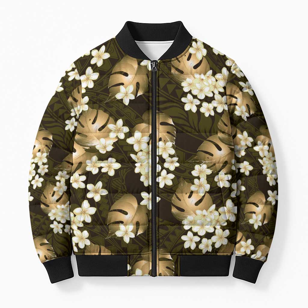 Gold Tropical Hawaii Bomber Puffer Jacket Seamless Monstera Plumeria Hawaiian Pattern - Polynesian Pride