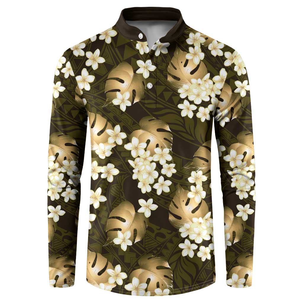 Gold Tropical Hawaii Button Sweatshirt Seamless Monstera Plumeria Hawaiian Pattern - Polynesian Pride
