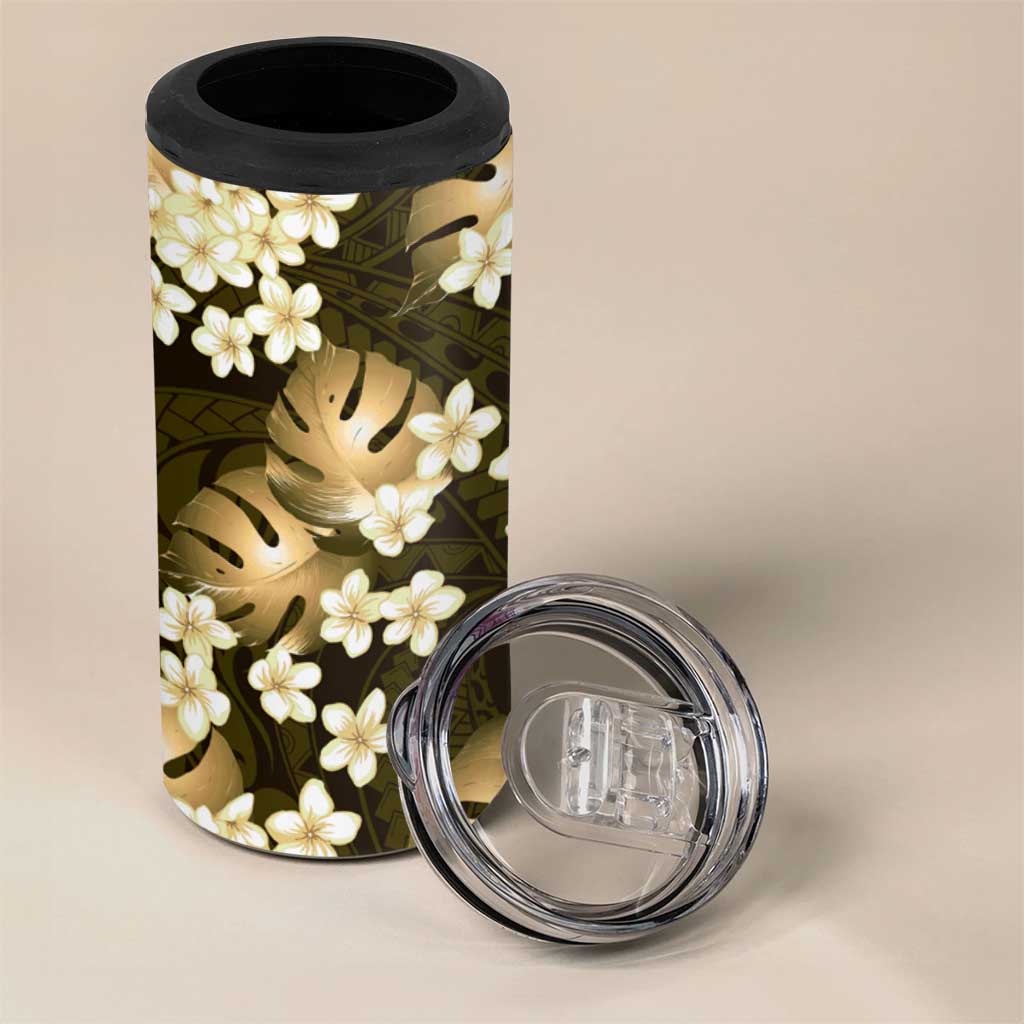 Gold Tropical Hawaii 4 in 1 Can Cooler Tumbler Seamless Monstera Plumeria Hawaiian Pattern - Polynesian Pride