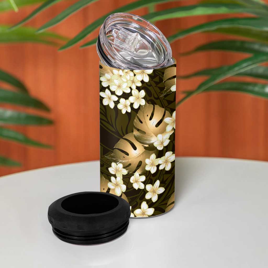 Gold Tropical Hawaii 4 in 1 Can Cooler Tumbler Seamless Monstera Plumeria Hawaiian Pattern - Polynesian Pride