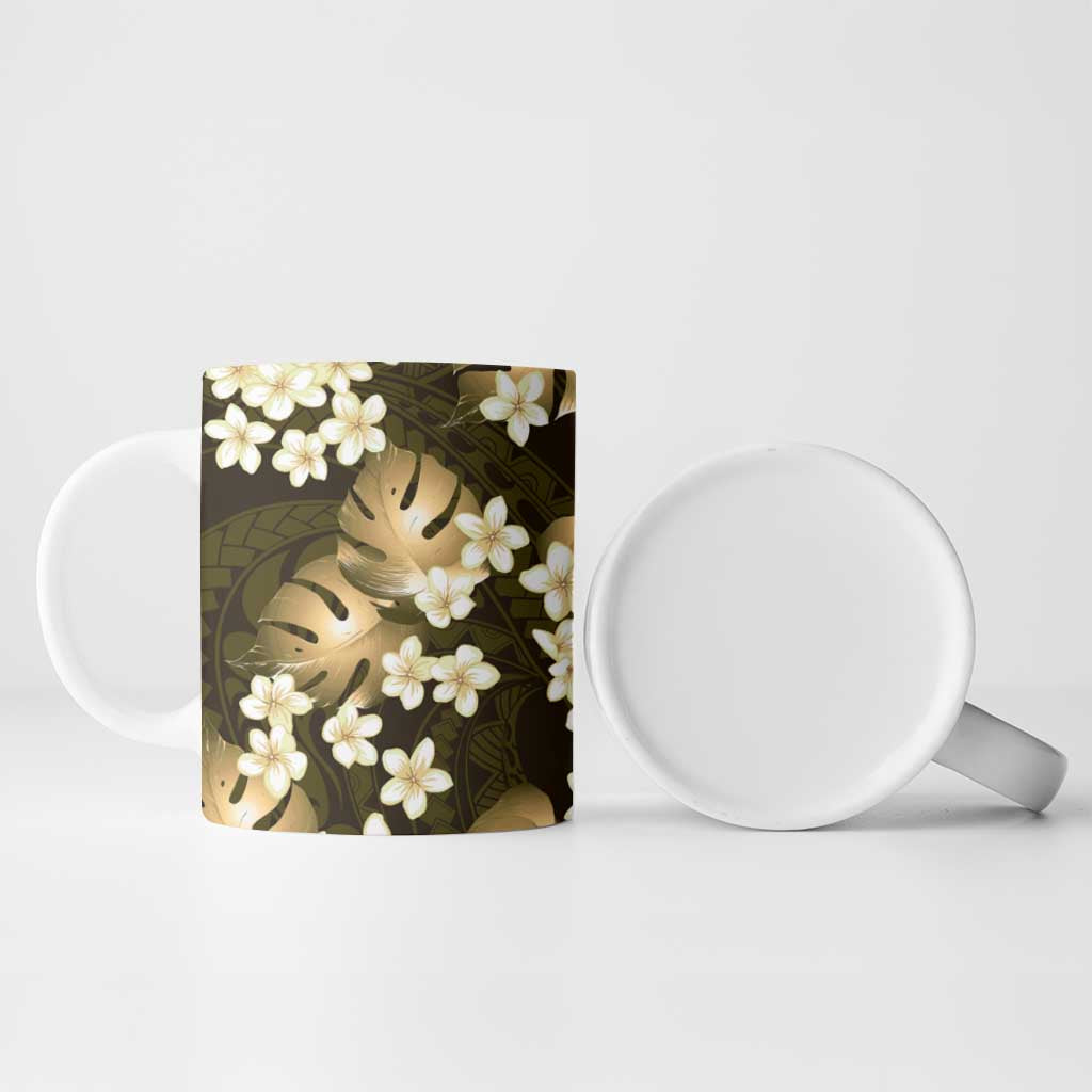 Gold Tropical Hawaii Ceramic Mug Seamless Monstera Plumeria Hawaiian Pattern - Polynesian Pride
