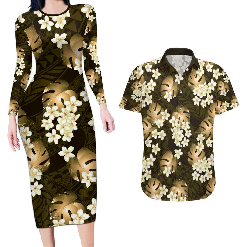 Gold Tropical Hawaii Couples Matching Long Sleeve Bodycon Dress and Hawaiian Shirt Seamless Monstera Plumeria Hawaiian Pattern - Polynesian Pride