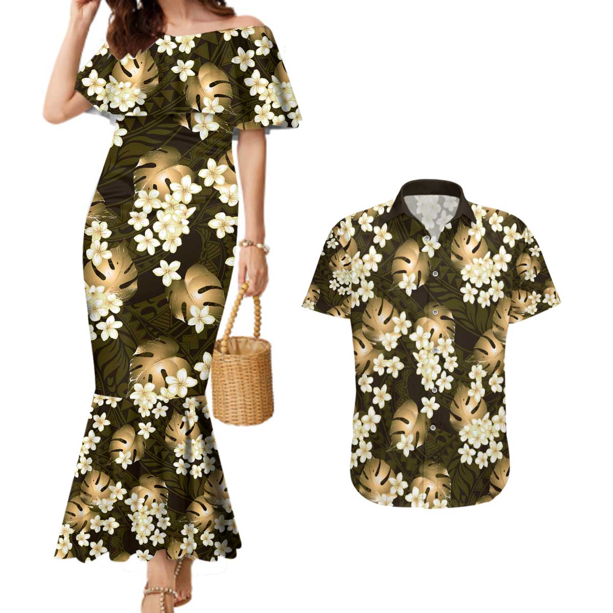 Gold Tropical Hawaii Couples Matching Mermaid Dress and Hawaiian Shirt Seamless Monstera Plumeria Hawaiian Pattern - Polynesian Pride