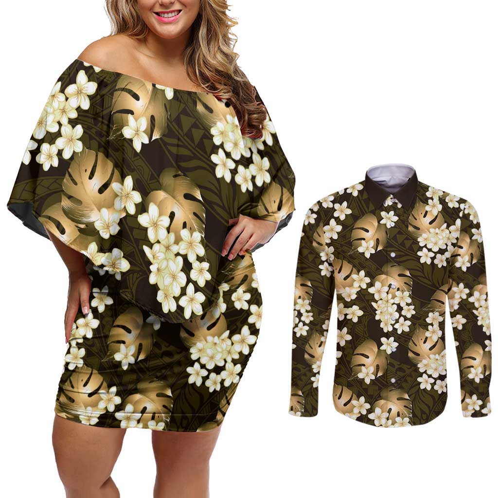 Gold Tropical Hawaii Couples Matching Off Shoulder Short Dress and Long Sleeve Button Shirt Seamless Monstera Plumeria Hawaiian Pattern - Polynesian Pride