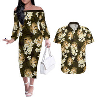 Gold Tropical Hawaii Couples Matching Off The Shoulder Long Sleeve Dress and Hawaiian Shirt Seamless Monstera Plumeria Hawaiian Pattern - Polynesian Pride