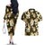 Gold Tropical Hawaii Couples Matching Off The Shoulder Long Sleeve Dress and Hawaiian Shirt Seamless Monstera Plumeria Hawaiian Pattern - Polynesian Pride