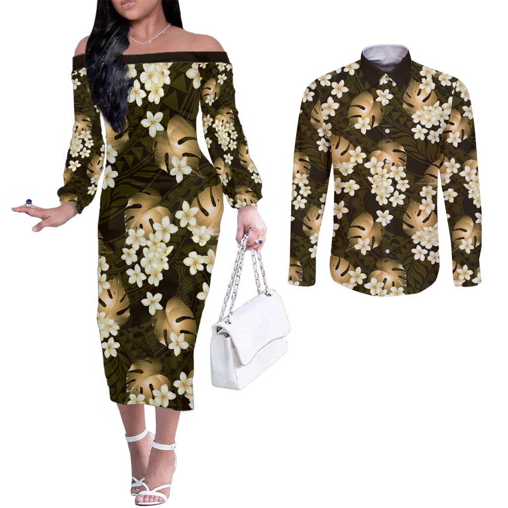 Gold Tropical Hawaii Couples Matching Off The Shoulder Long Sleeve Dress and Long Sleeve Button Shirt Seamless Monstera Plumeria Hawaiian Pattern - Polynesian Pride