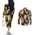 Gold Tropical Hawaii Couples Matching Off The Shoulder Long Sleeve Dress and Long Sleeve Button Shirt Seamless Monstera Plumeria Hawaiian Pattern - Polynesian Pride