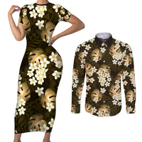 Gold Tropical Hawaii Couples Matching Short Sleeve Bodycon Dress and Long Sleeve Button Shirt Seamless Monstera Plumeria Hawaiian Pattern - Polynesian Pride