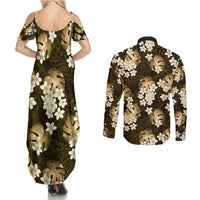 Gold Tropical Hawaii Couples Matching Summer Maxi Dress and Long Sleeve Button Shirt Seamless Monstera Plumeria Hawaiian Pattern - Polynesian Pride