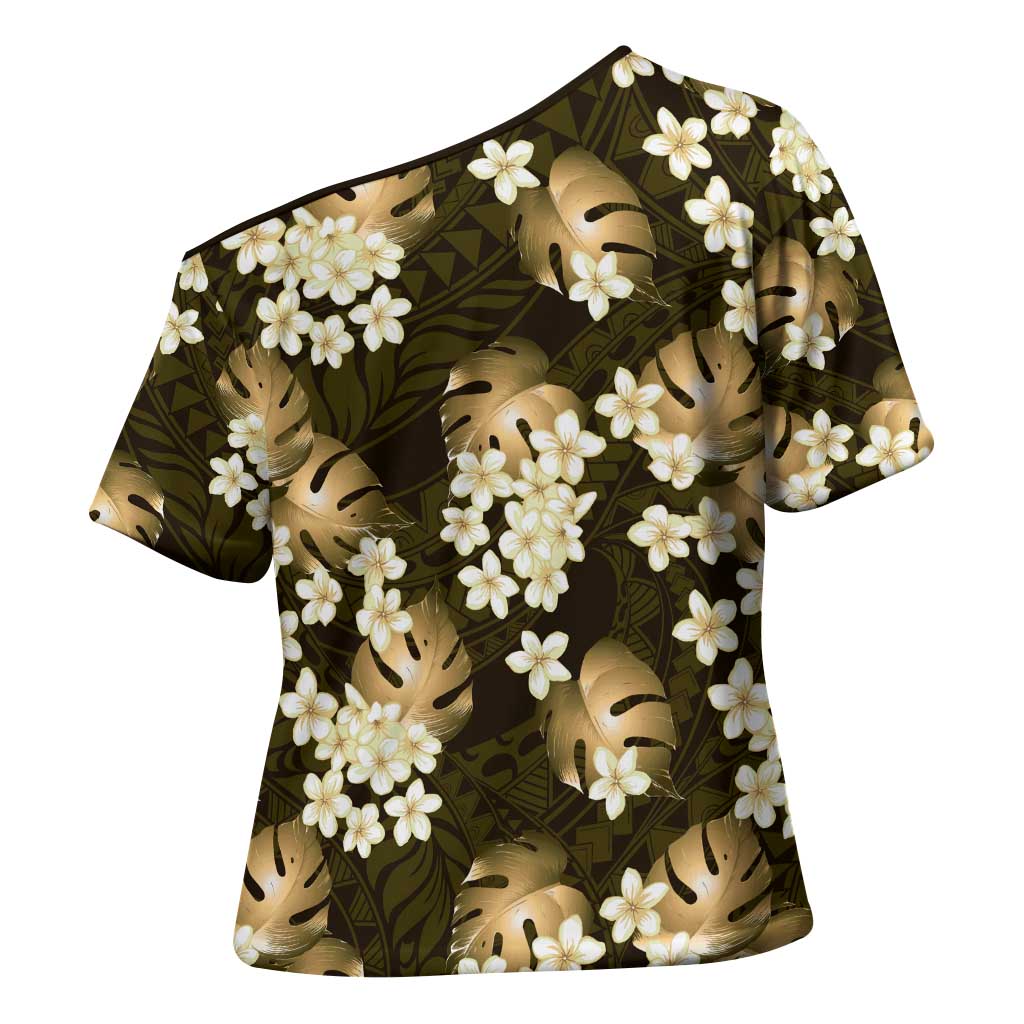 Gold Tropical Hawaii Cross Shoulder Shirt Seamless Monstera Plumeria Hawaiian Pattern - Polynesian Pride