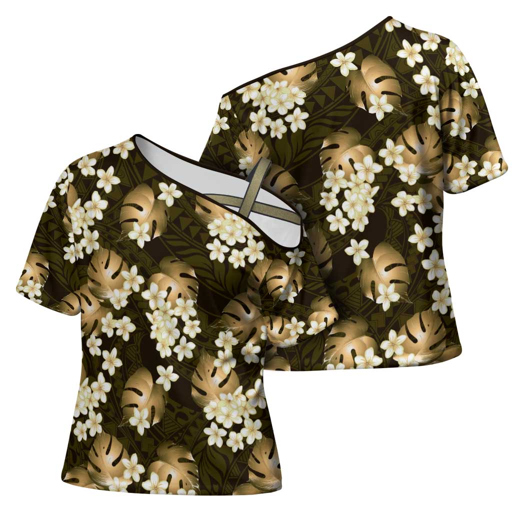 Gold Tropical Hawaii Cross Shoulder Shirt Seamless Monstera Plumeria Hawaiian Pattern - Polynesian Pride