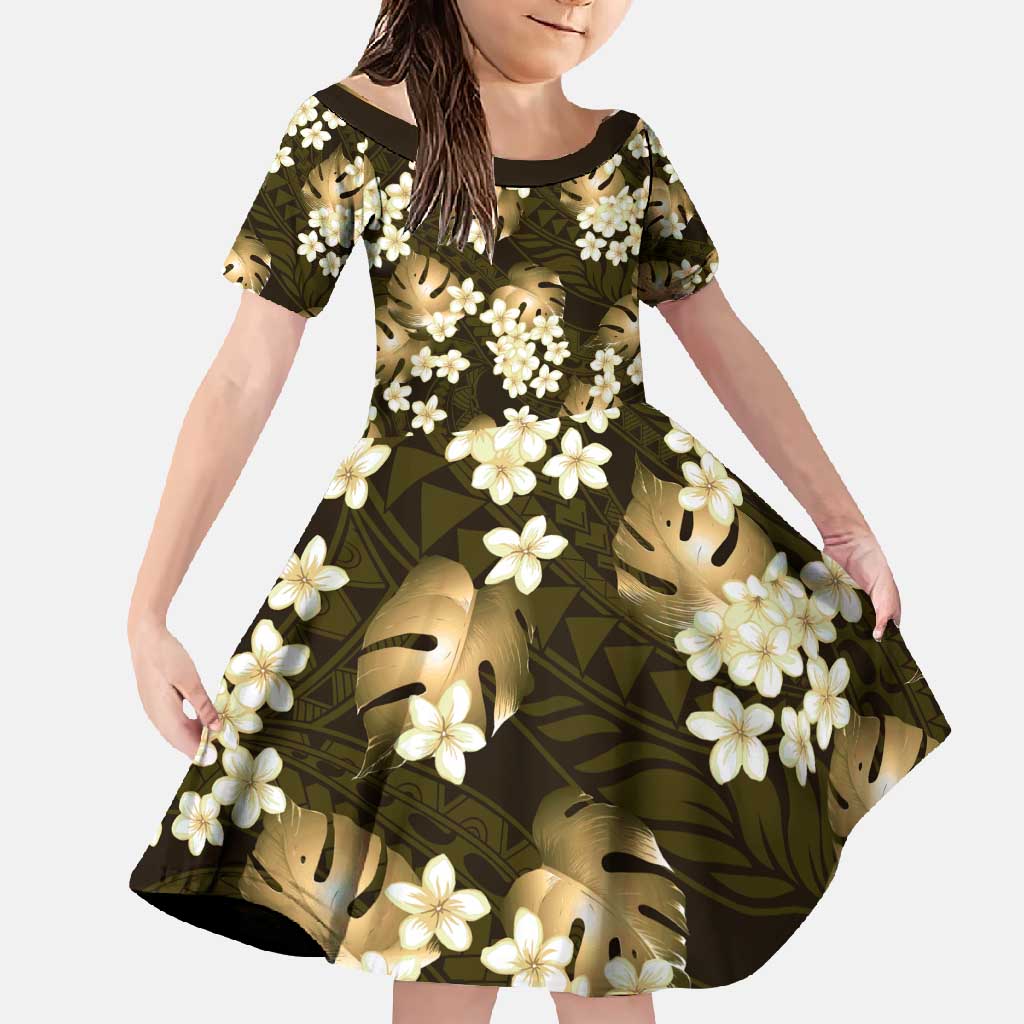 Gold Tropical Hawaii Family Matching Long Sleeve Bodycon Dress and Hawaiian Shirt Seamless Monstera Plumeria Hawaiian Pattern - Polynesian Pride