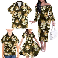 Gold Tropical Hawaii Family Matching Off The Shoulder Long Sleeve Dress and Hawaiian Shirt Seamless Monstera Plumeria Hawaiian Pattern - Polynesian Pride
