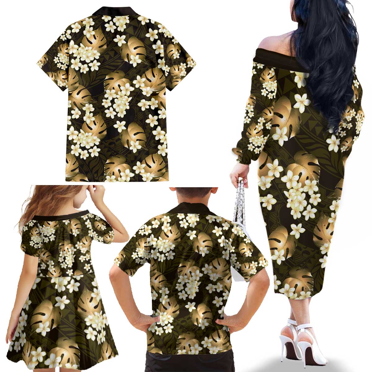 Gold Tropical Hawaii Family Matching Off The Shoulder Long Sleeve Dress and Hawaiian Shirt Seamless Monstera Plumeria Hawaiian Pattern - Polynesian Pride