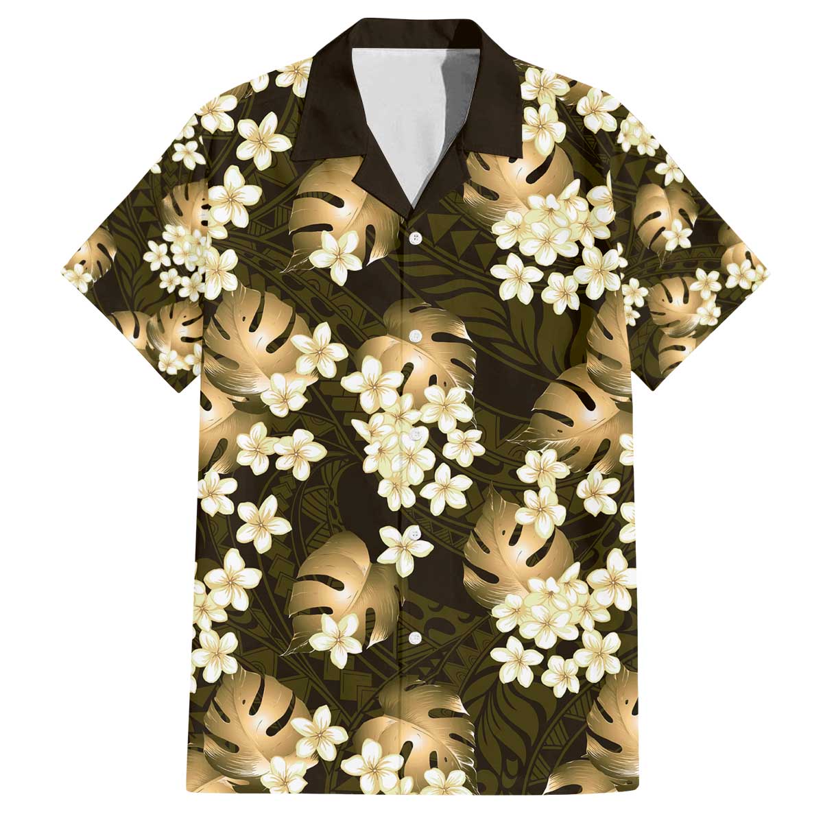 Gold Tropical Hawaii Family Matching Off The Shoulder Long Sleeve Dress and Hawaiian Shirt Seamless Monstera Plumeria Hawaiian Pattern - Polynesian Pride