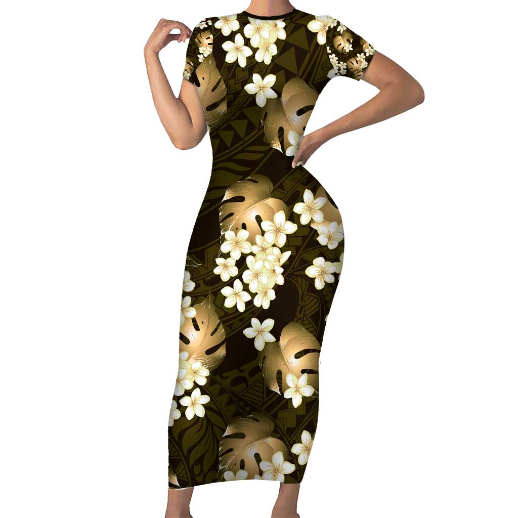 Gold Tropical Hawaii Family Matching Short Sleeve Bodycon Dress and Hawaiian Shirt Seamless Monstera Plumeria Hawaiian Pattern - Polynesian Pride