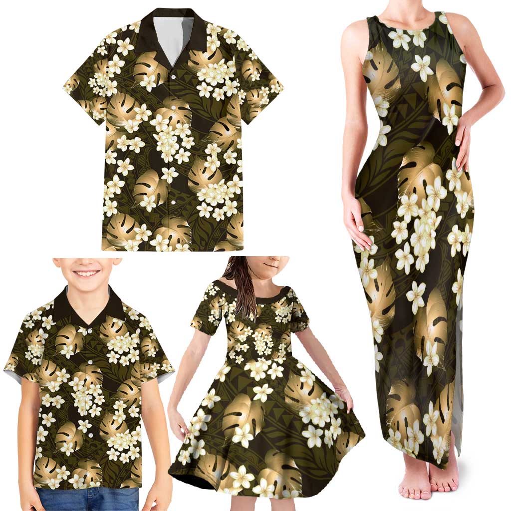 Gold Tropical Hawaii Family Matching Tank Maxi Dress and Hawaiian Shirt Seamless Monstera Plumeria Hawaiian Pattern - Polynesian Pride